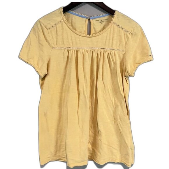 Tommy Hilfiger Yellow Blouse with Eyelet Trim Cotton Modal Size Medium - Picture 1 of 13